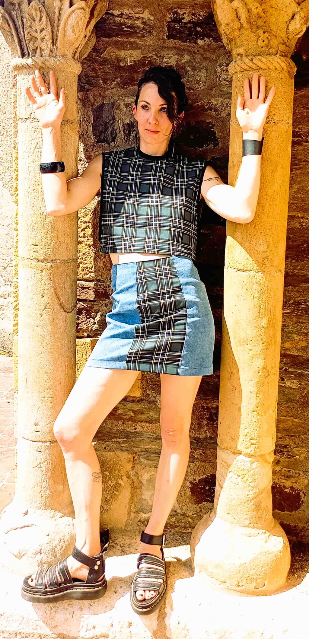 Crop Top Structuré Carré – Tartan Vert